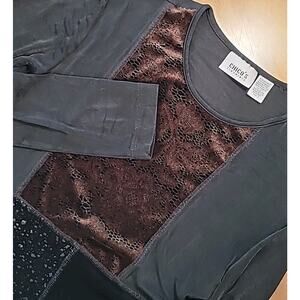 Chico’s Travelers Black Patchwork Tunic Top Long Sleeve Sz 1 M EUC